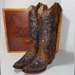 Corral GLITTER INLAY FLORAL OVERLAY WITH CRYSTALS & STUDS SNIP TOE COGNAC BOOT